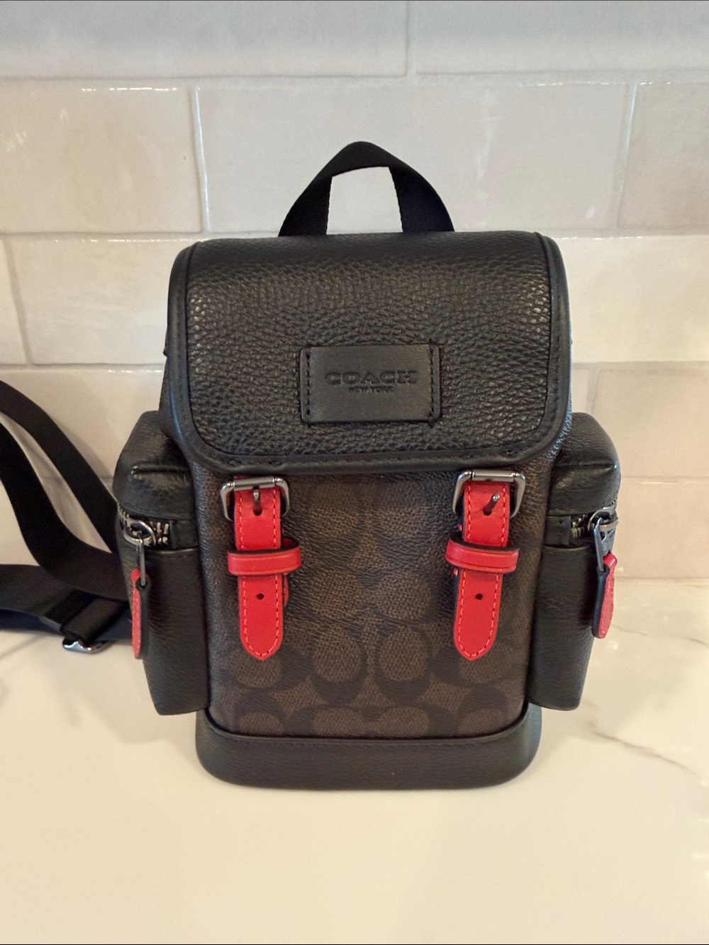 Coach Men's Signature Mini Backpack - Black with Red Accents